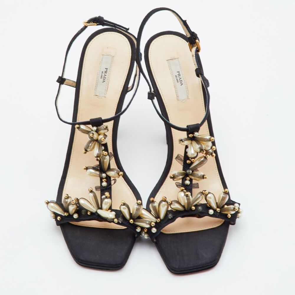 Prada Size 40.5 Black Fabric Embellished Ankle Strap Sandals - Picture 3 of 7